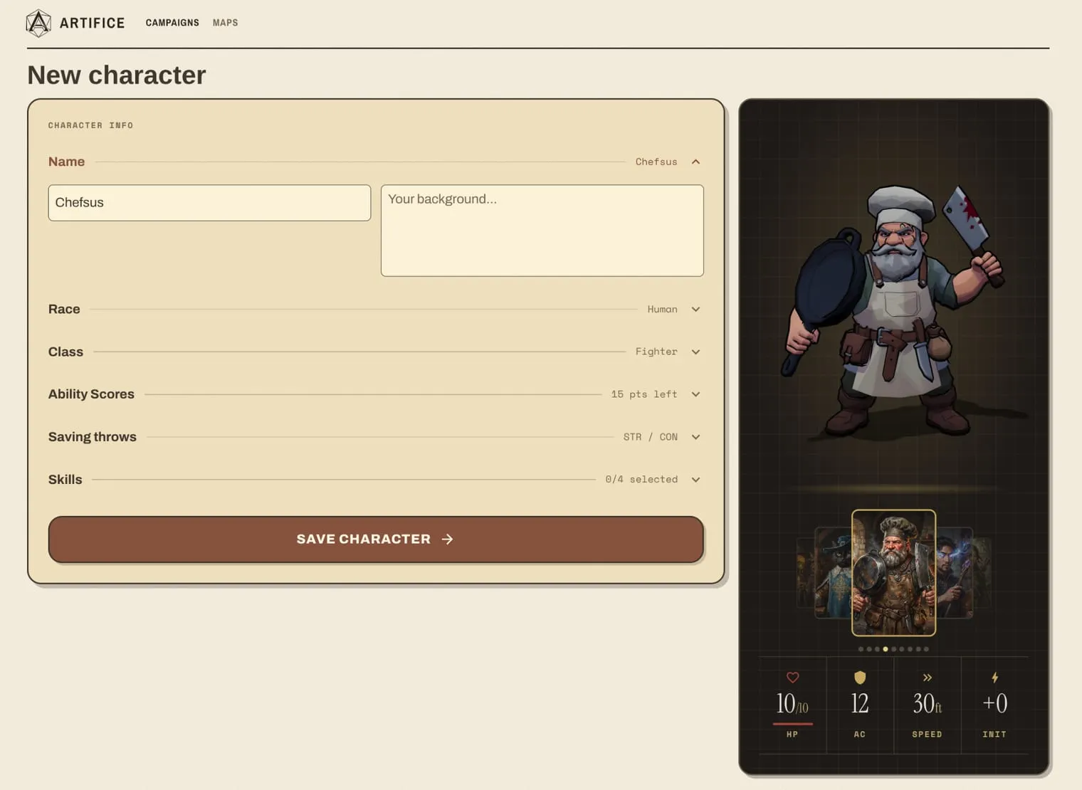 Artifice character creator: a human fighter with a cleaver and frying pan, shown as a 3D miniature above the AI-generated portrait it was built from
