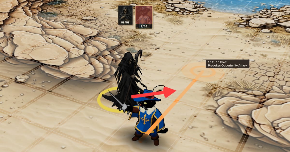 Artifice's 3D tabletop: a cat musketeer miniature plans a move across a desert battle map, and the path is flagged as provoking an opportunity attack from a hooded reaper