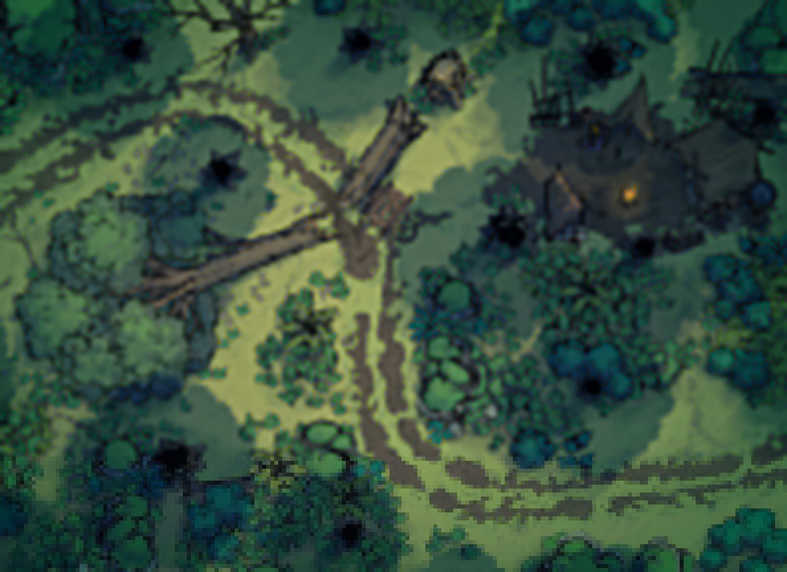 Bandit Ambush battle map — a felled trunk splitting a forest road, drawn as a gridded plate