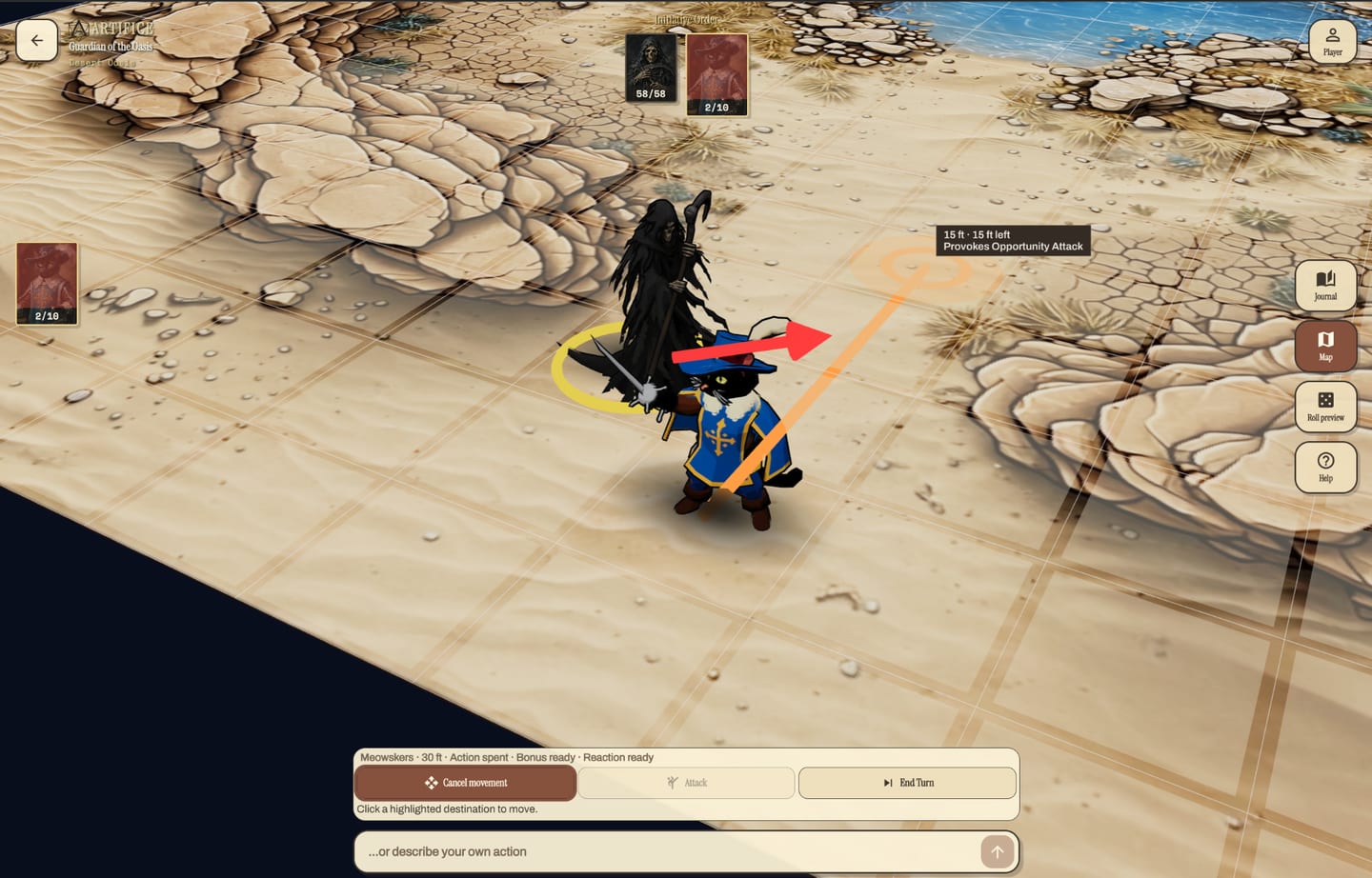 Artifice's 3D tabletop: a cat musketeer miniature previews a 15-foot move across a desert battle map, flagged as provoking an opportunity attack from a hooded reaper