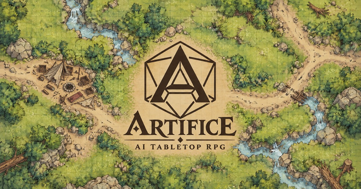 Artifice — AI Tabletop RPG logo over an illustrated woodland battle map